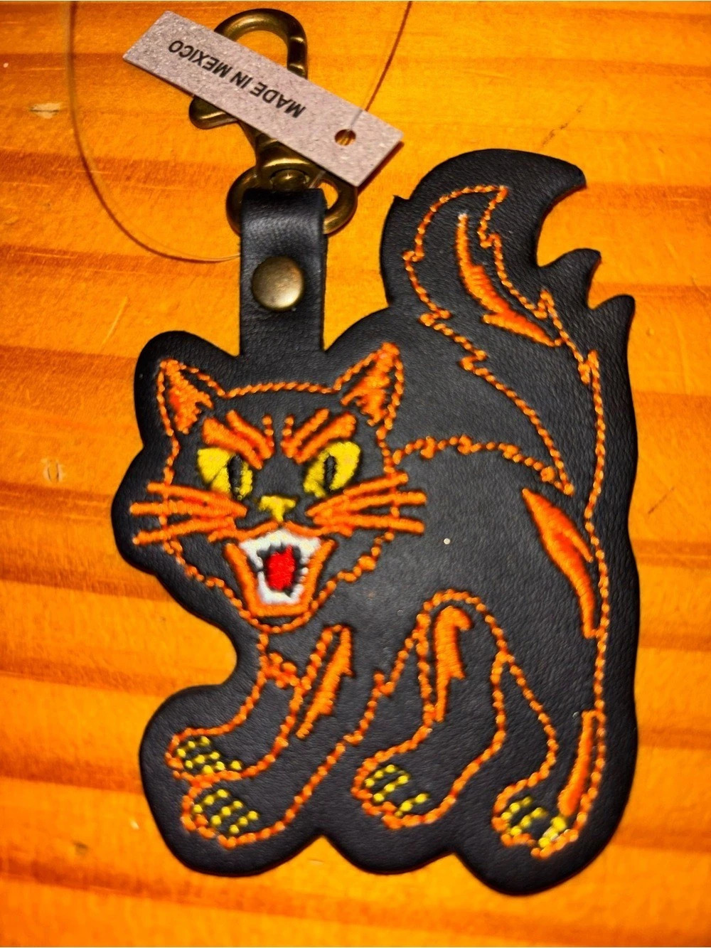 Portland Leather Cat (Salem) Leather Keychain in Black & Orange NWT